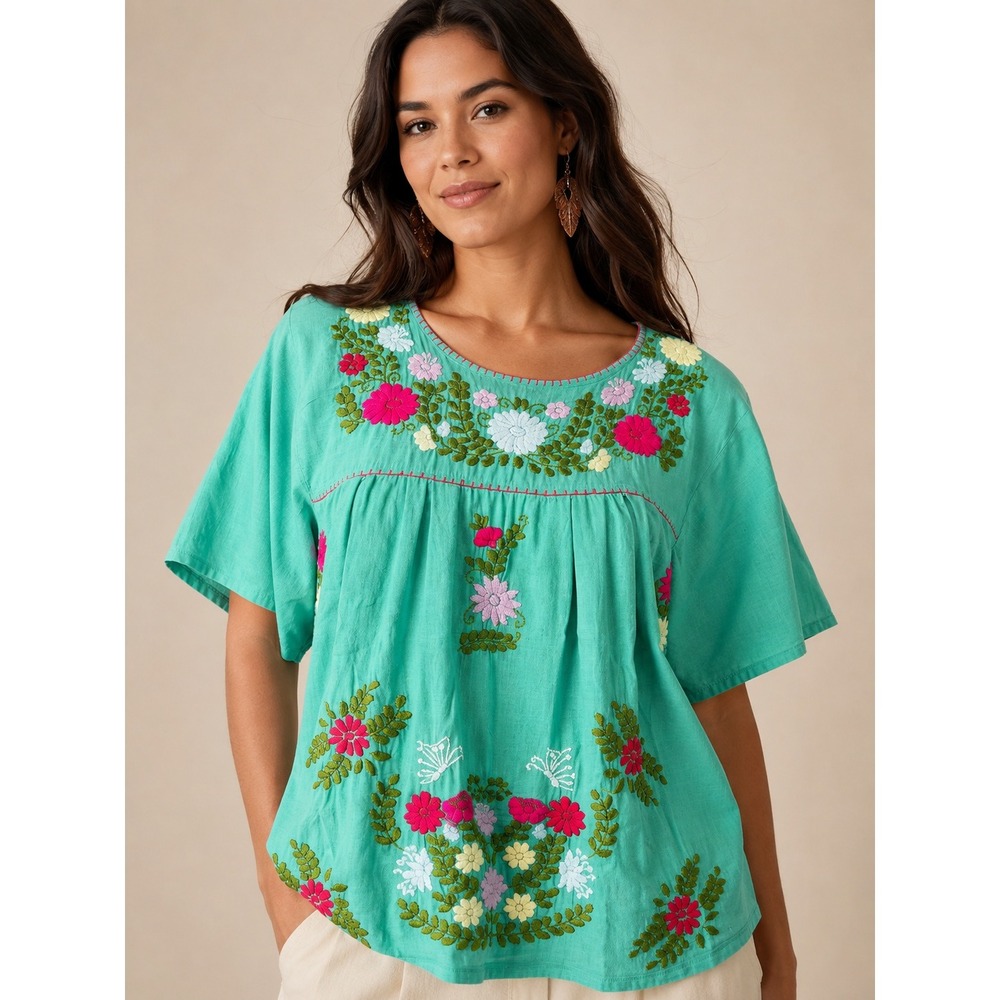 Boho Folk Cottagecore Embroidered Cotton Peasant Top Teal Siren XL